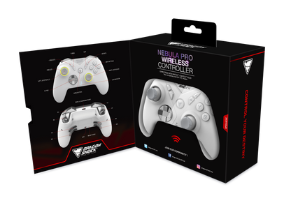 Picture showing the opened packaging of the  DragonShock Nebula pro white from the front 