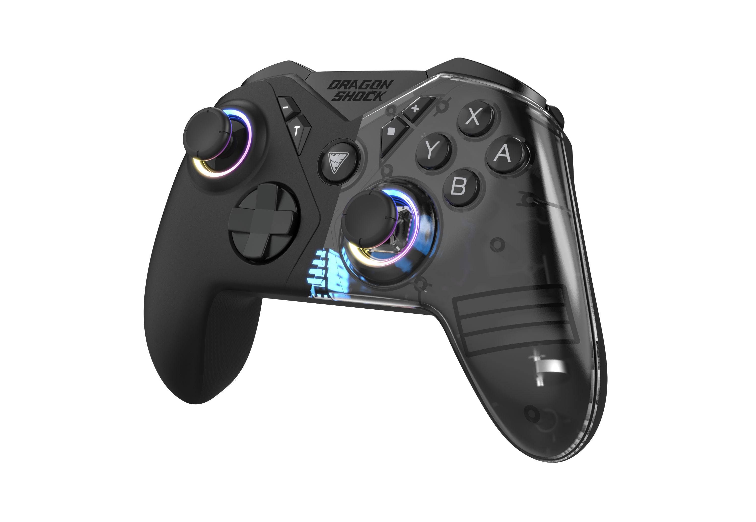 Picture showing the DragonShock Nebula ultimate black from the front side with a side of  the controller full transparent