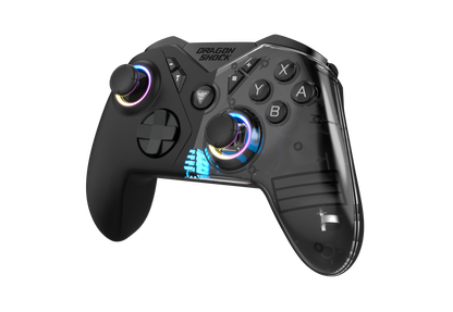 Picture showing the DragonShock Nebula ultimate black from the front side with a side of  the controller full transparent