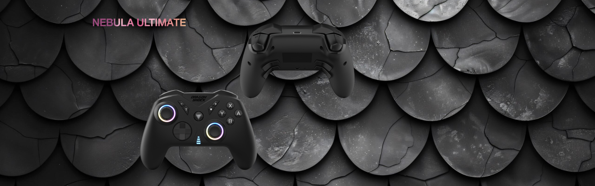 Image of the nebula ultimate full black seen from the front and back on a black dragon scale background