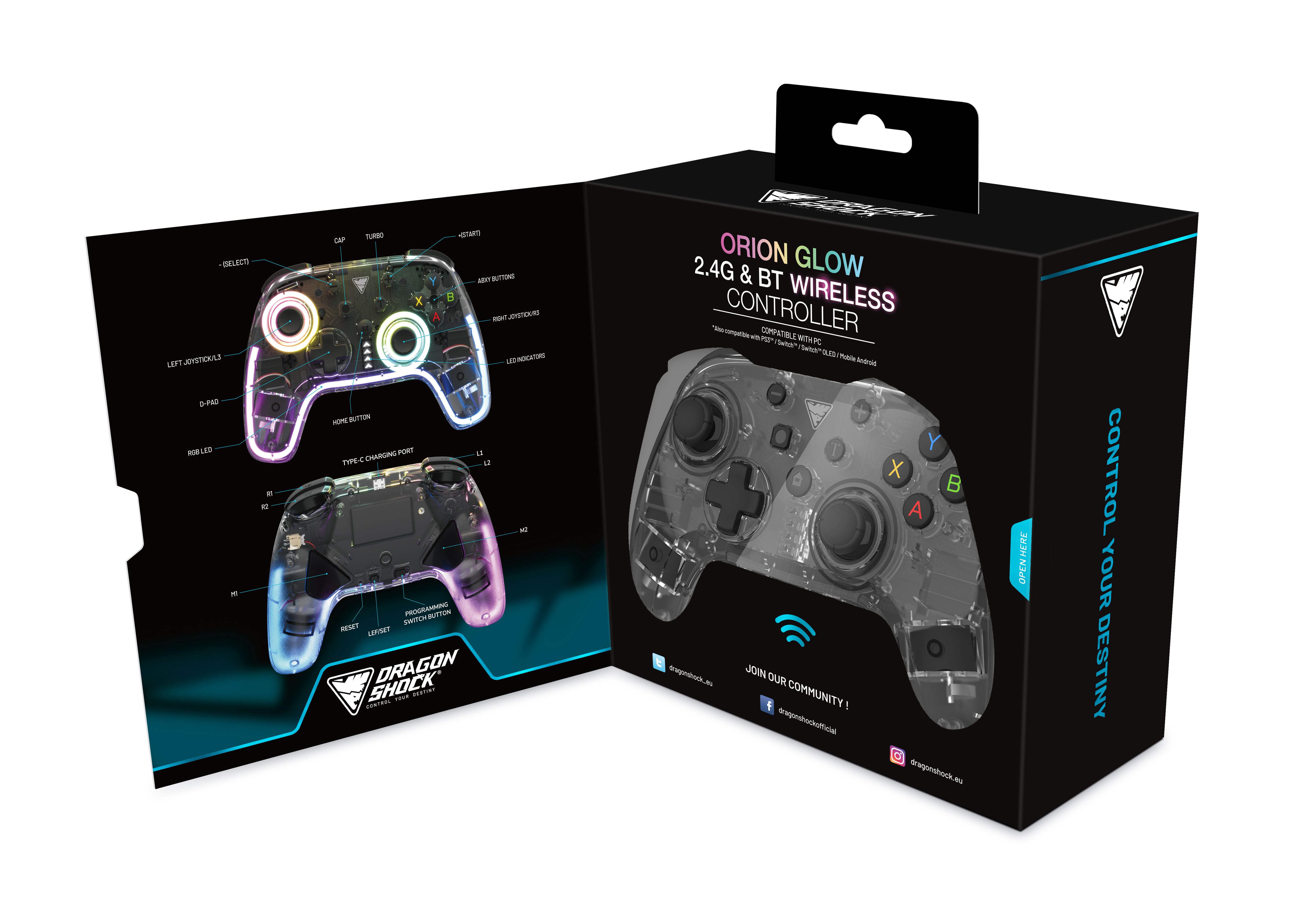 Picture showing the open packaging of the DragonShock Orion Glow for PC from the front