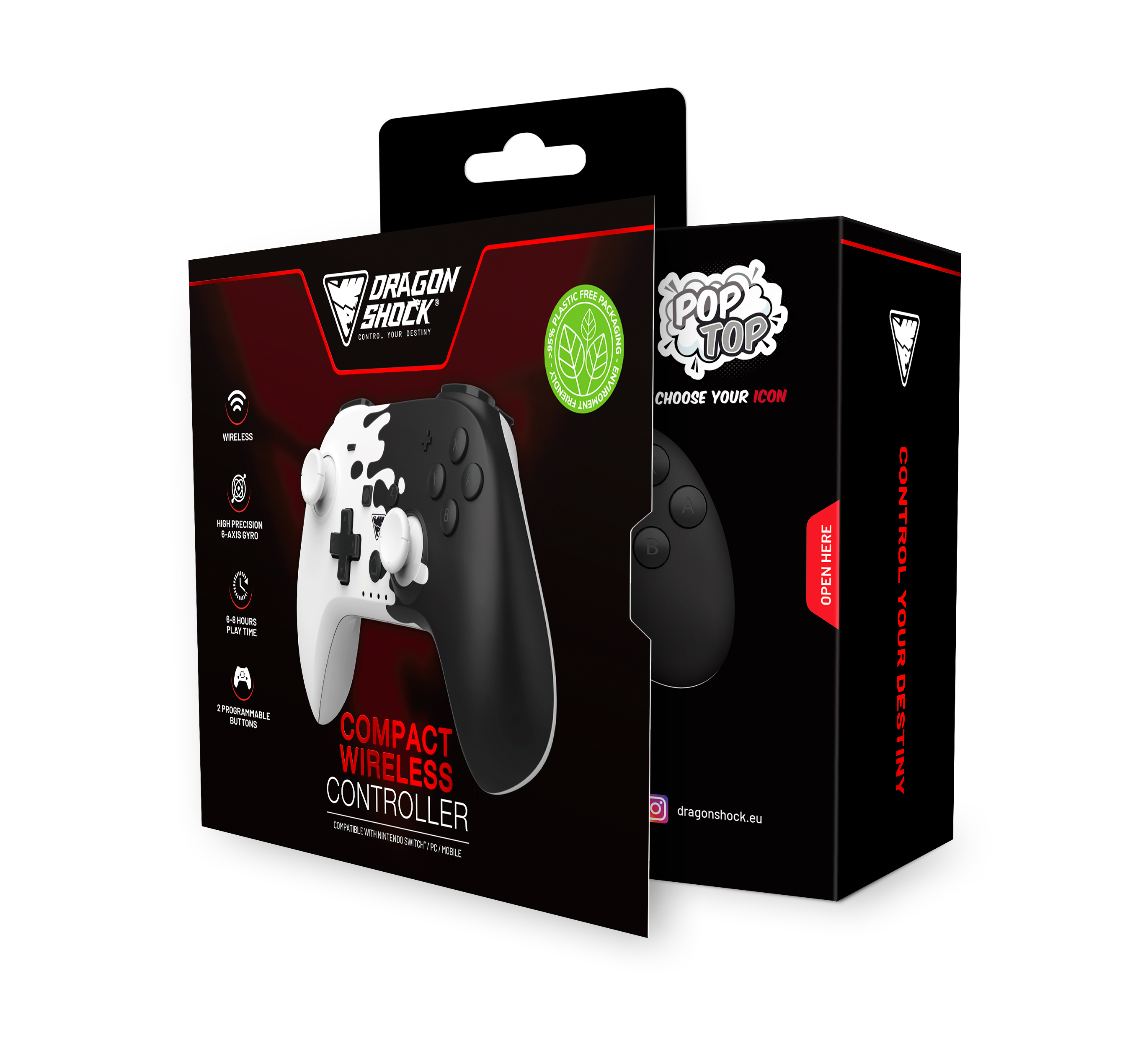 Picture showing the opened packaging of the DragonShock Poptop black & white from the front 