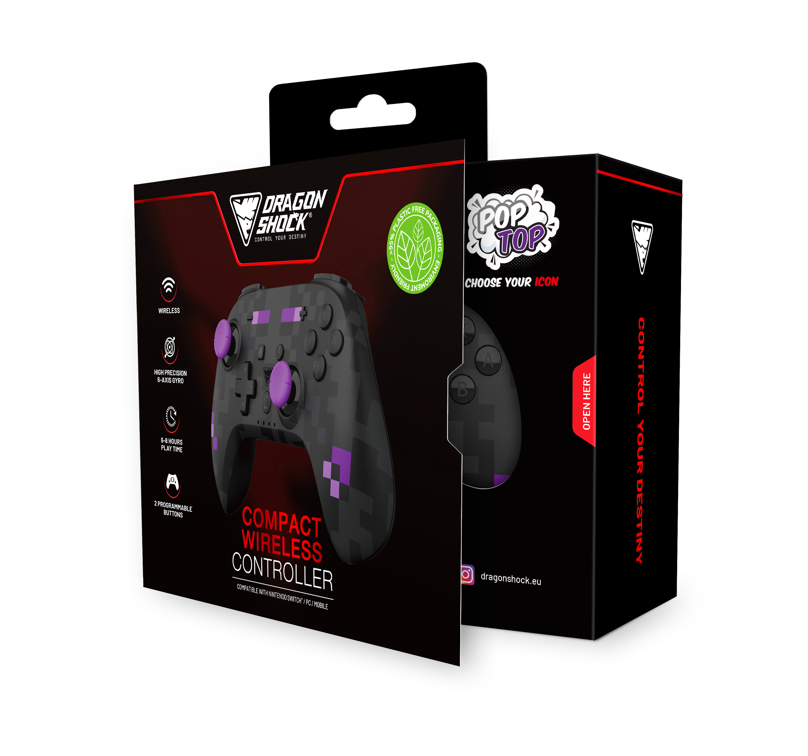 Picture showing the open packaging of the DragonShock Poptop black cube from the front 
