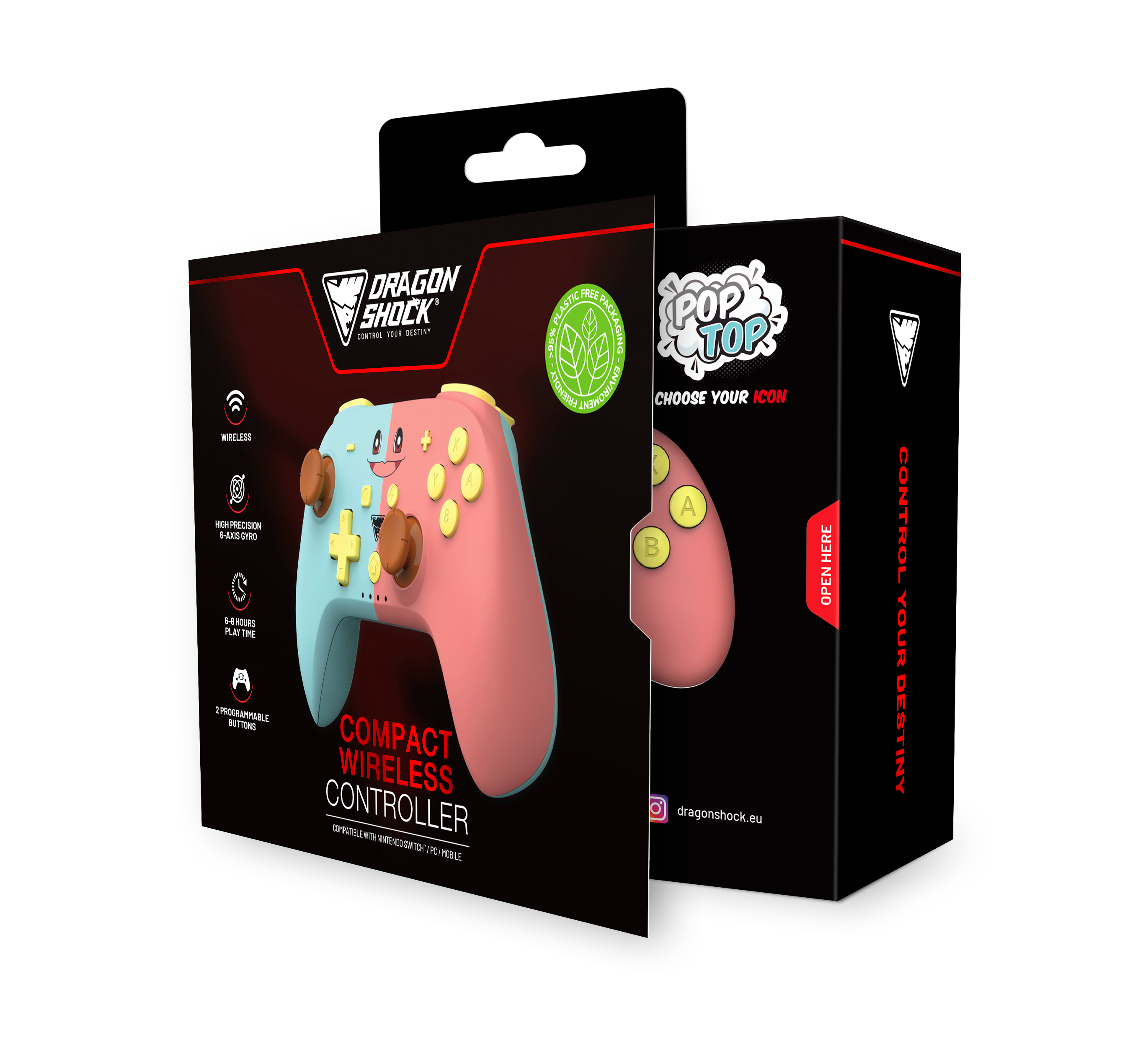 Picture showing the open packaging of the DragonShock PopTop blue & pink from the front