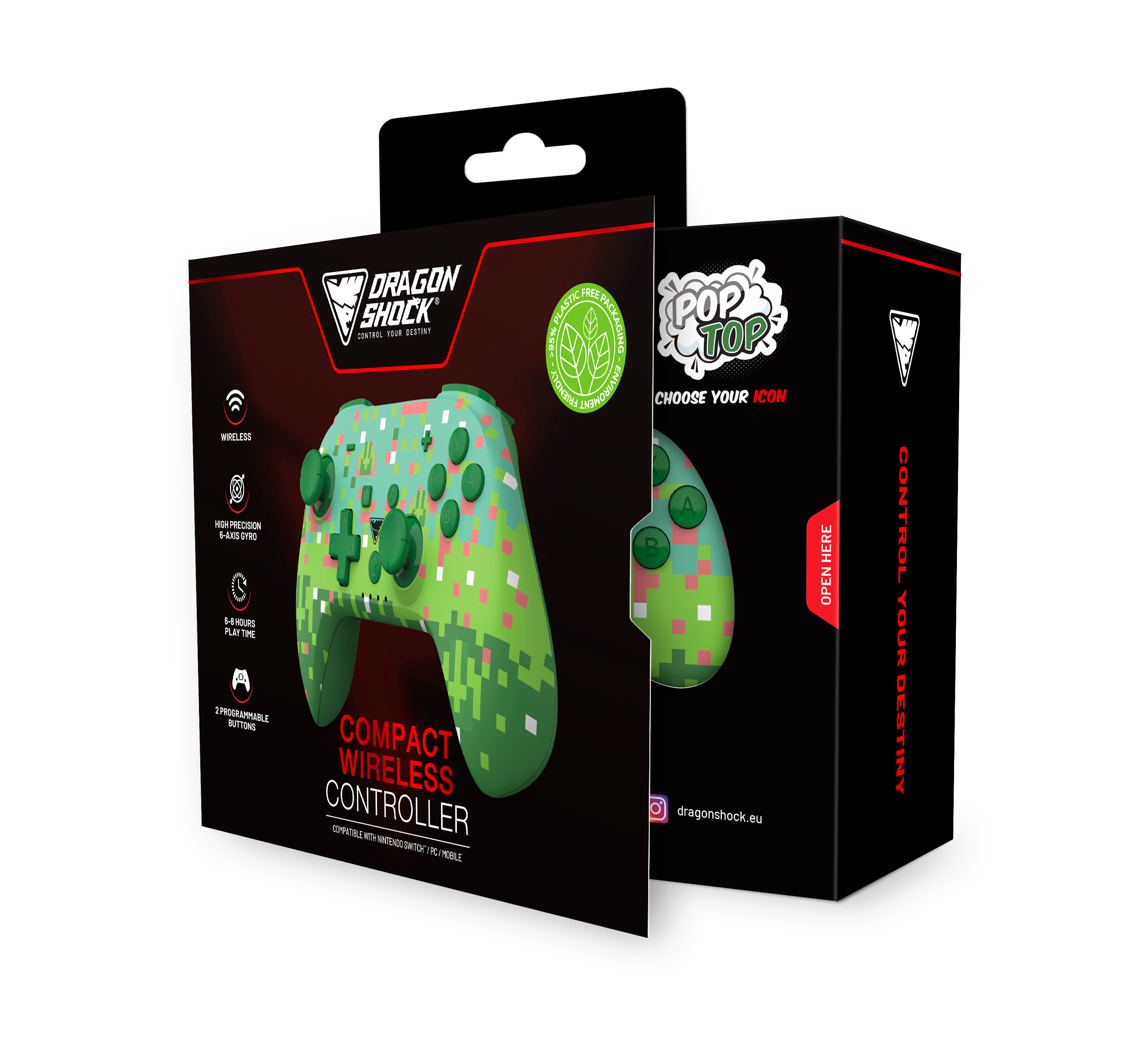 Picture showing the opened packaging of the DragonShock PopTop green cube from the front