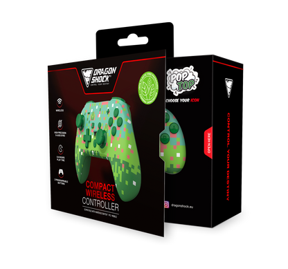 Picture showing the opened packaging of the DragonShock PopTop green cube from the front