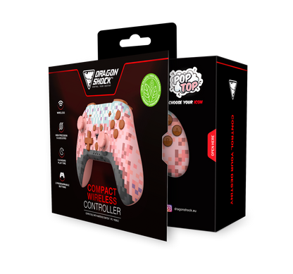 Picture showing the opened ackaging of the DragonShock PopTop pink cube from the front