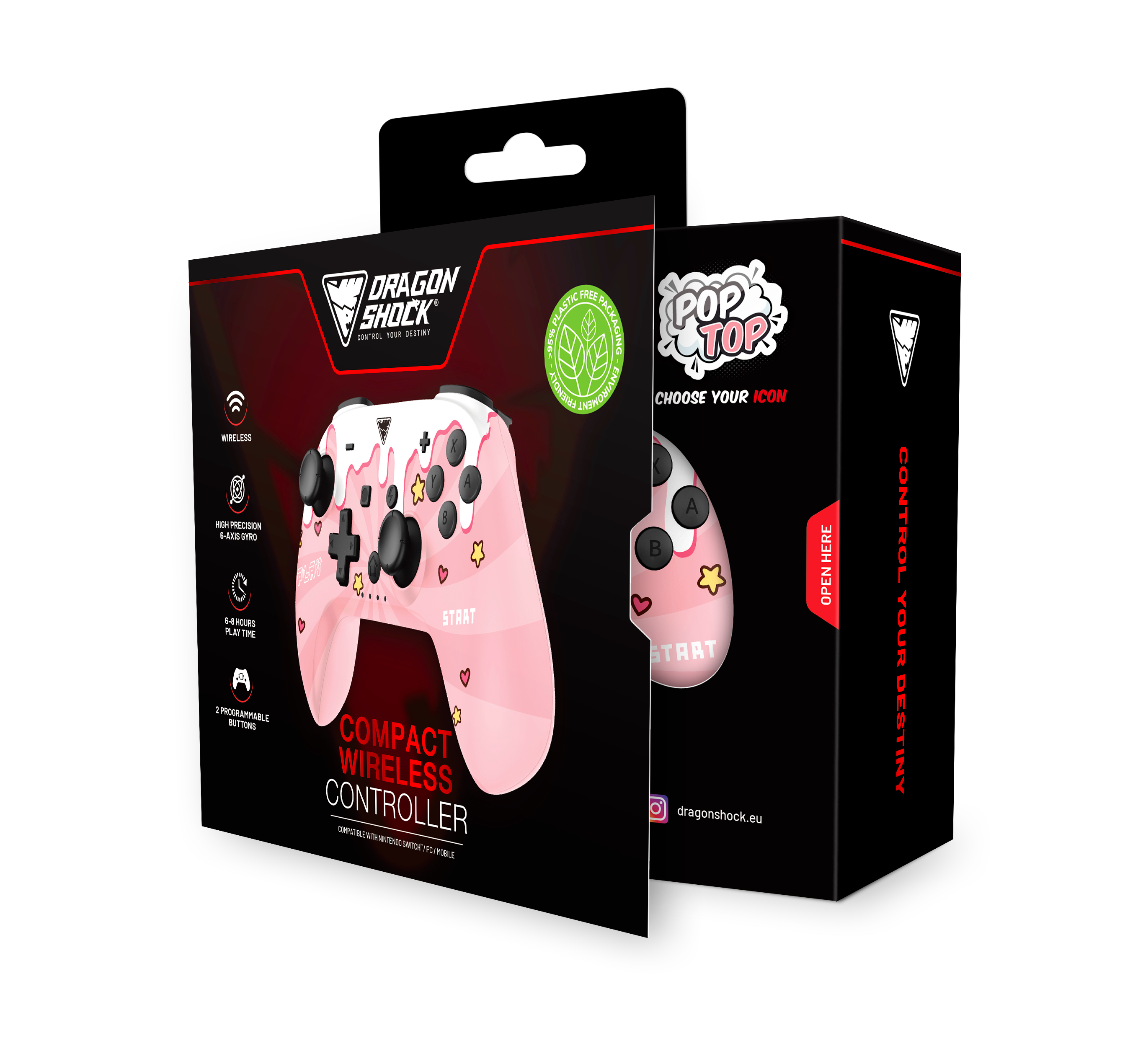 Picture showing the opened packaging of the DragonShock PopTop sweet pink from the front